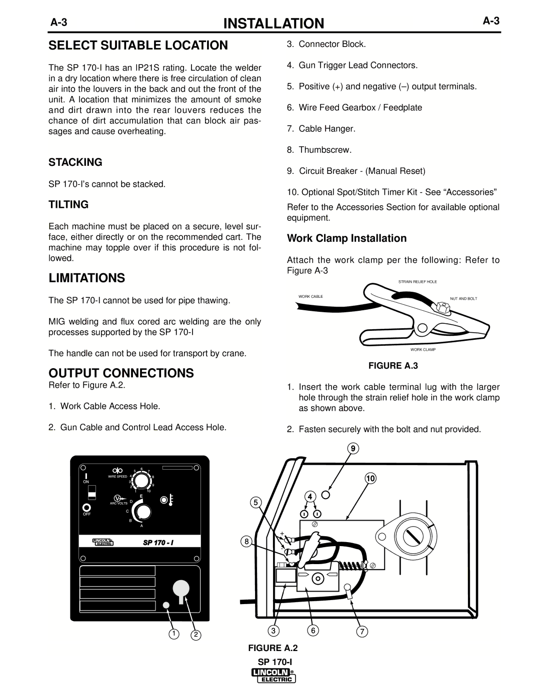 Lincoln Electric UWW-170 manual Select Suitable Location, Limitations, Output Connections, Stacking, Tilting 