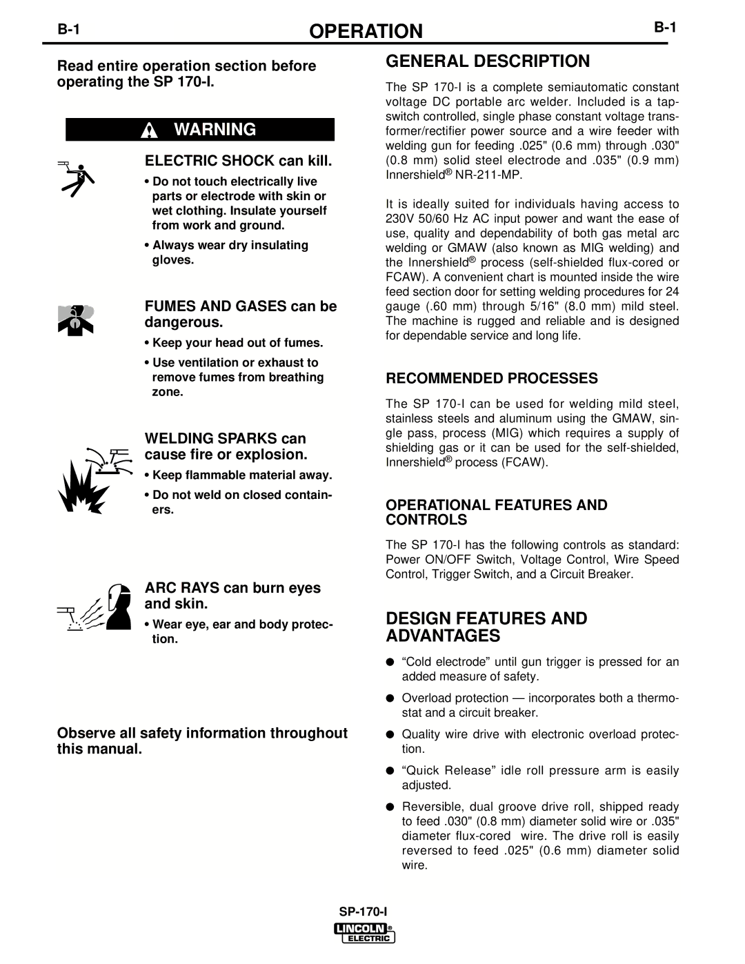 Lincoln Electric UWW-170 manual Operation, General Description, Design Features Advantages, Recommended Processes 