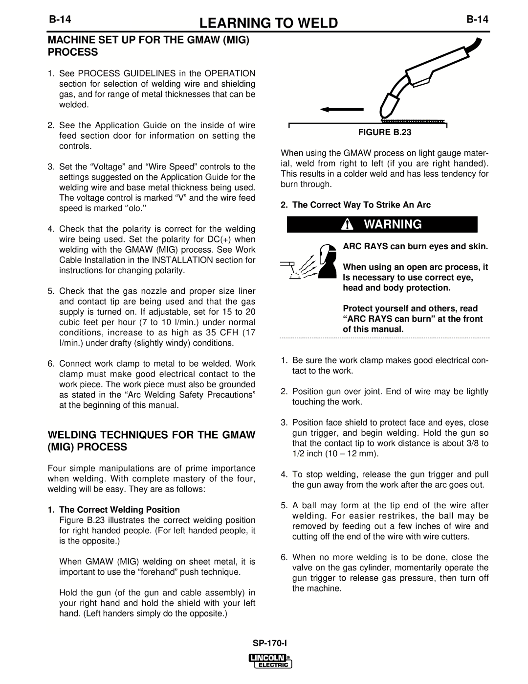 Lincoln Electric UWW-170 manual Machine SET UP for the Gmaw MIG Process, Welding Techniques for the Gmaw MIG Process 