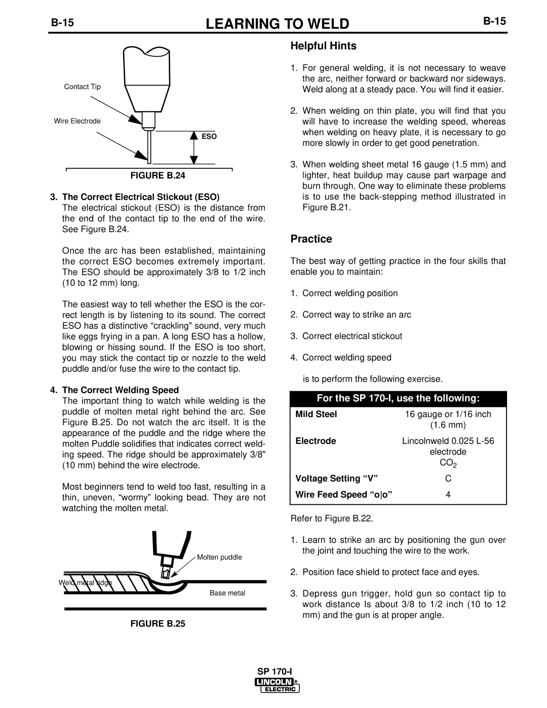 Lincoln Electric UWW-170 manual For the SP 170-I, use the following 