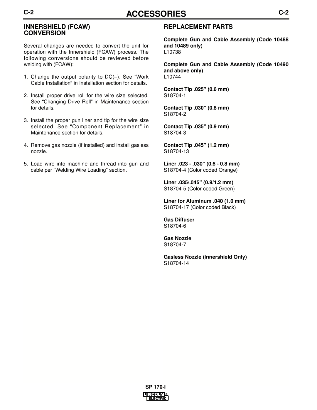 Lincoln Electric UWW-170 manual Innershield Fcaw Conversion, Replacement Parts 