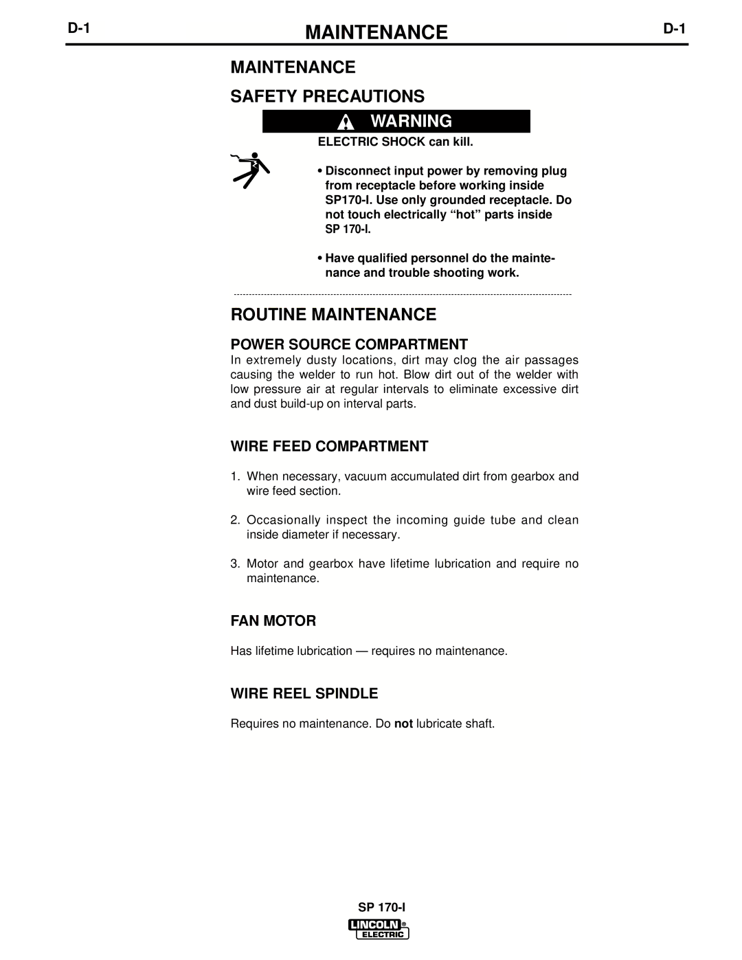 Lincoln Electric UWW-170 manual Maintenance Safety Precautions, Routine Maintenance 