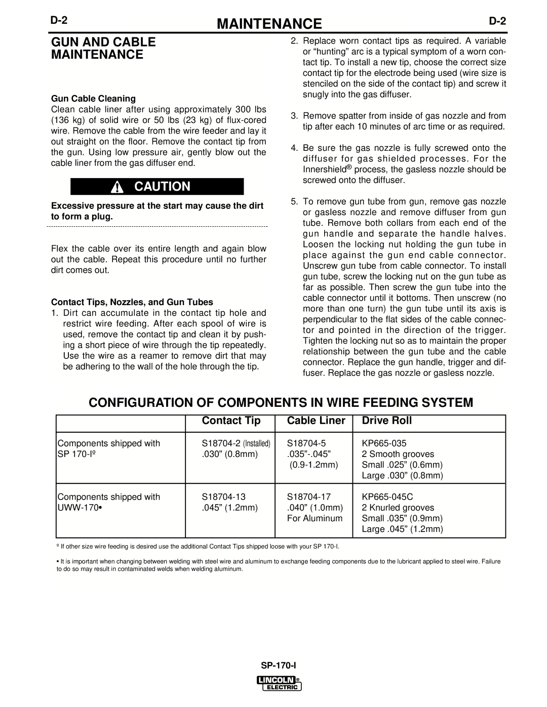 Lincoln Electric UWW-170 GUN and Cable Maintenance, Configuration of Components in Wire Feeding System, Gun Cable Cleaning 