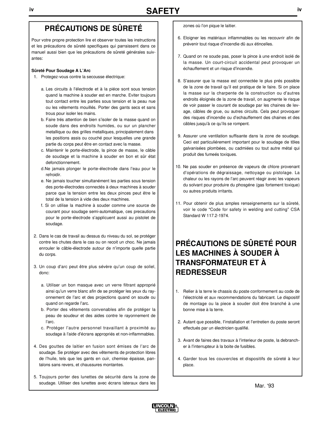 Lincoln Electric UWW-170 manual Précautions DE Sûreté, Sûreté Pour Soudage a L’Arc 