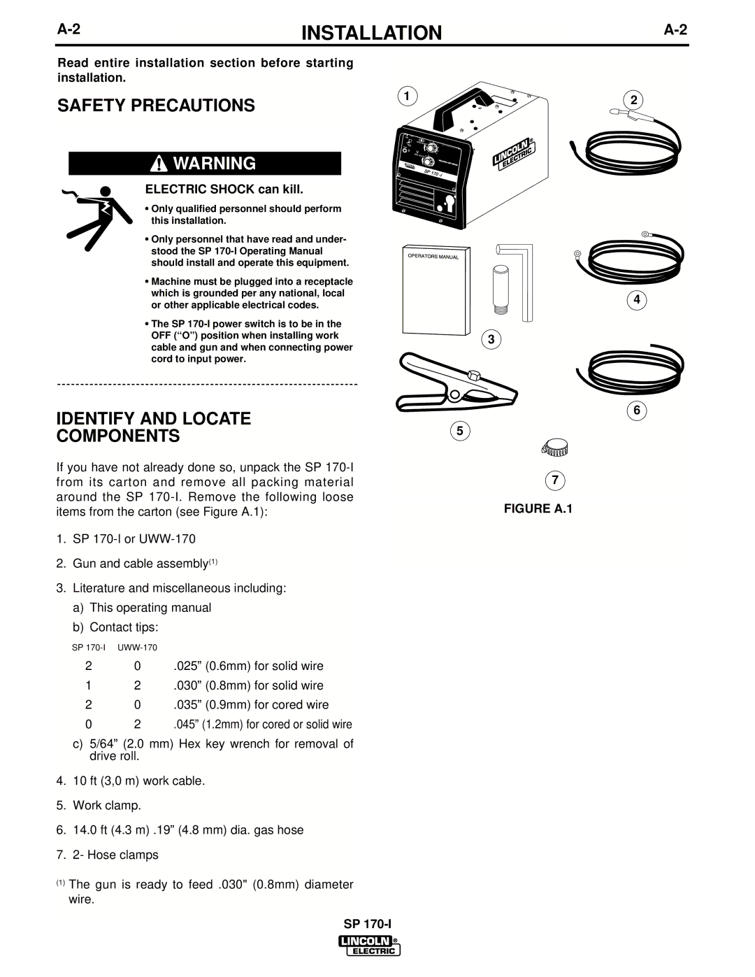 Lincoln Electric UWW-170 2INSTALLATIONA-2, Safety Precautions, Identify and Locate Components, Electric Shock can kill 