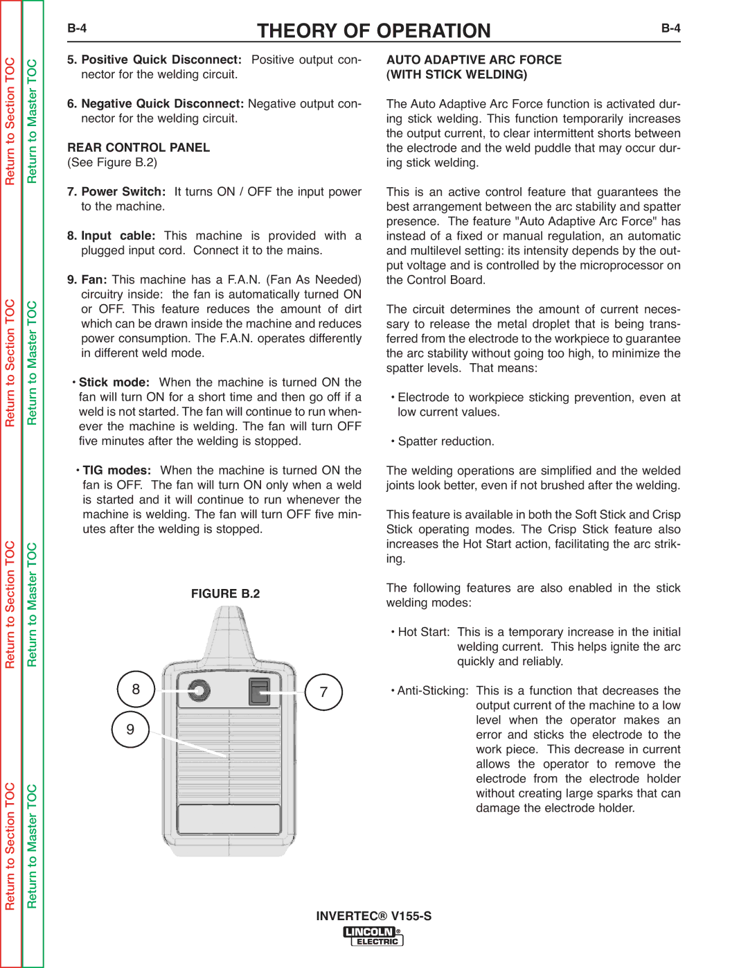 Lincoln Electric V155-S service manual Auto Adaptive ARC Force, With Stick Welding, Rear Control Panel 