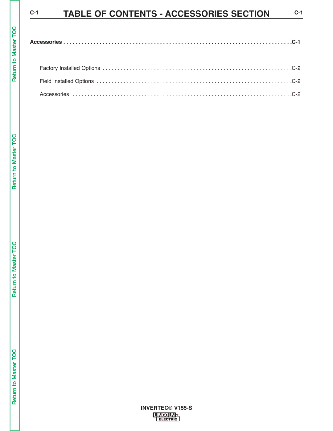 Lincoln Electric V155-S service manual Table of Contents Accessories Section 