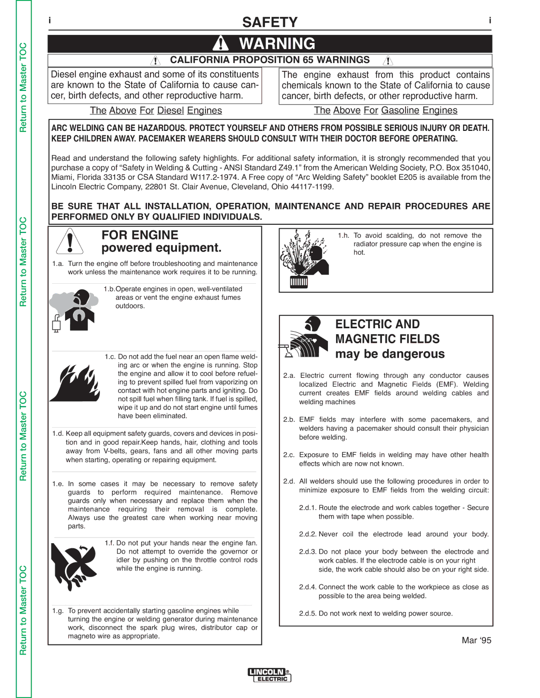 Lincoln Electric V155-S service manual Safety, For Engine, Electric Magnetic Fields 