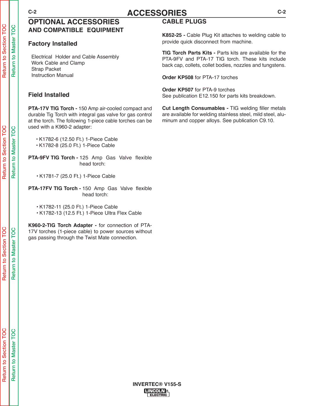 Lincoln Electric V155-S service manual Accessories, Cable Plugs Compatible Equipment 