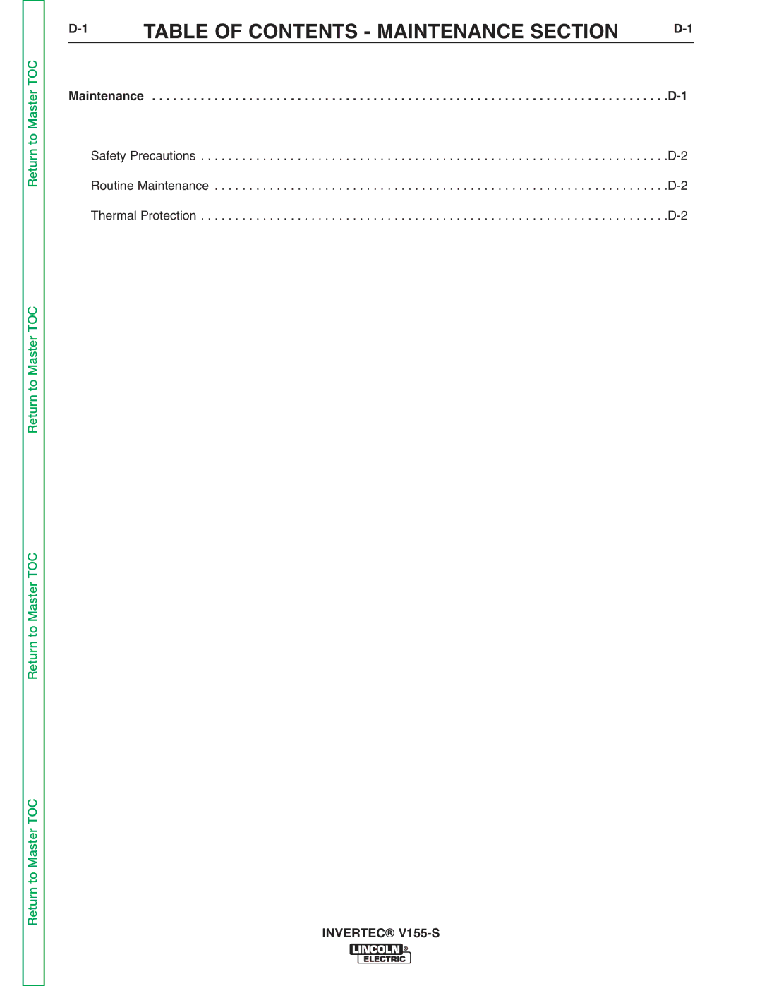 Lincoln Electric V155-S service manual Table of Contents Maintenance Section 