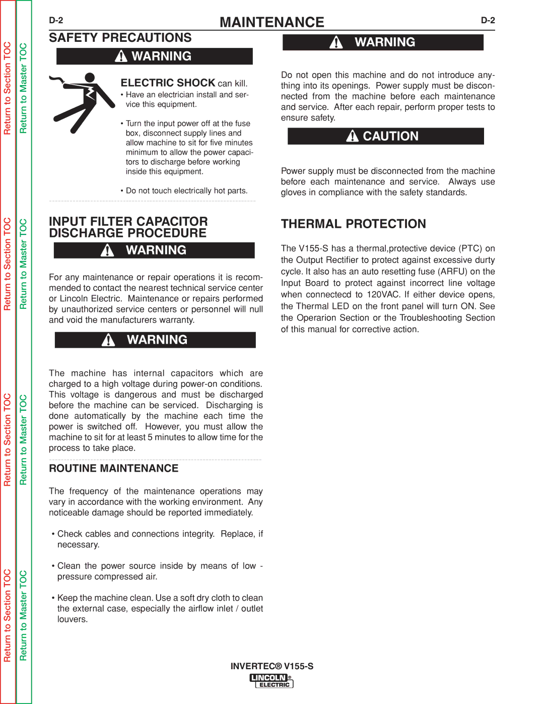 Lincoln Electric V155-S Input Filter Capacitor Discharge Procedure, Thermal Protection, Routine Maintenance 