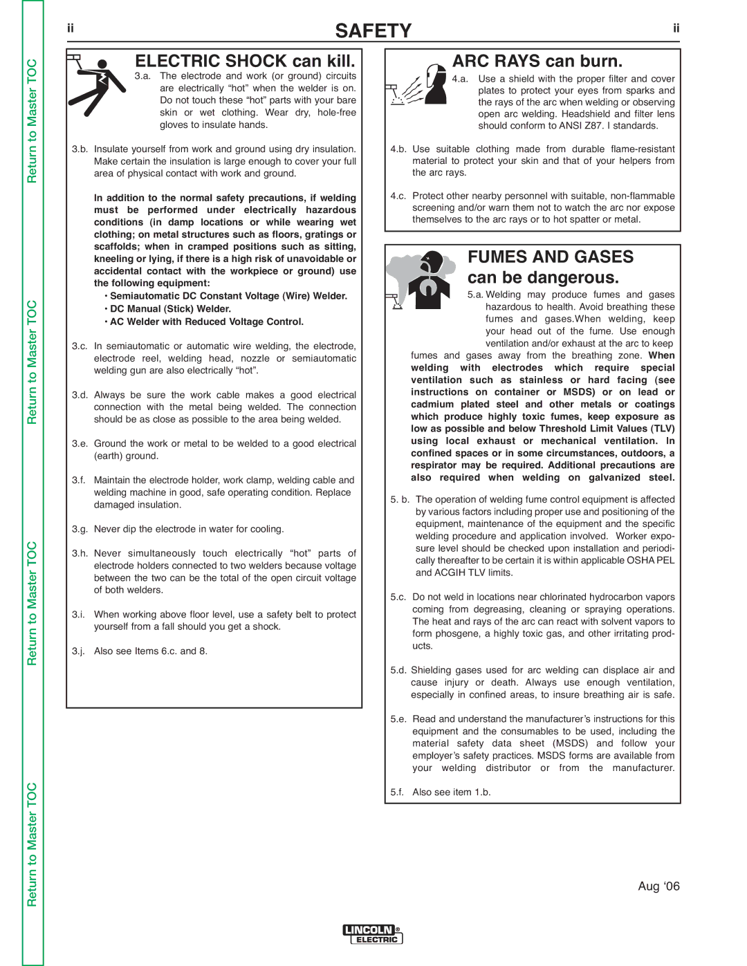 Lincoln Electric V155-S service manual Electric Shock can kill ARC Rays can burn, Fumes and Gases 