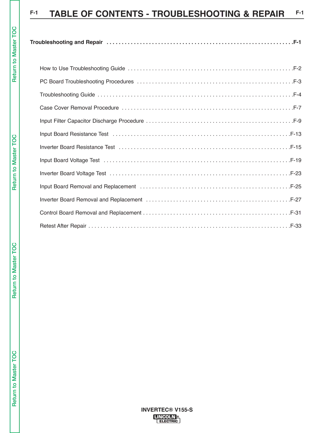 Lincoln Electric V155-S service manual 1TABLE of Contents Troubleshooting & Repair F-1 