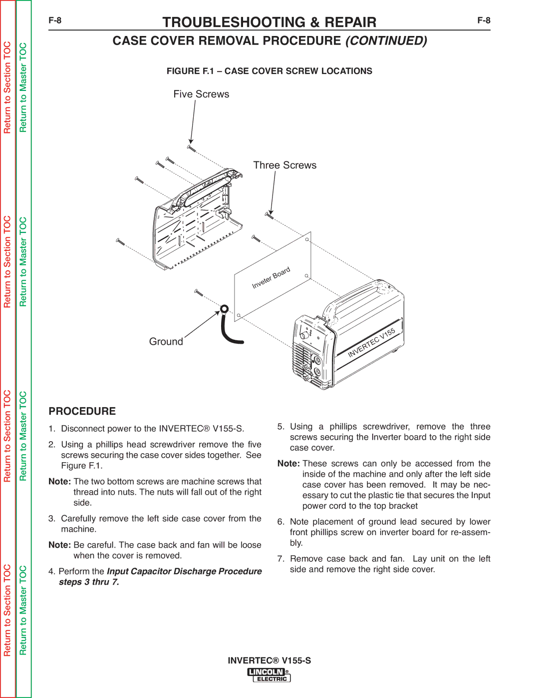 Lincoln Electric service manual Procedure, Disconnect power to the Invertec V155-S 