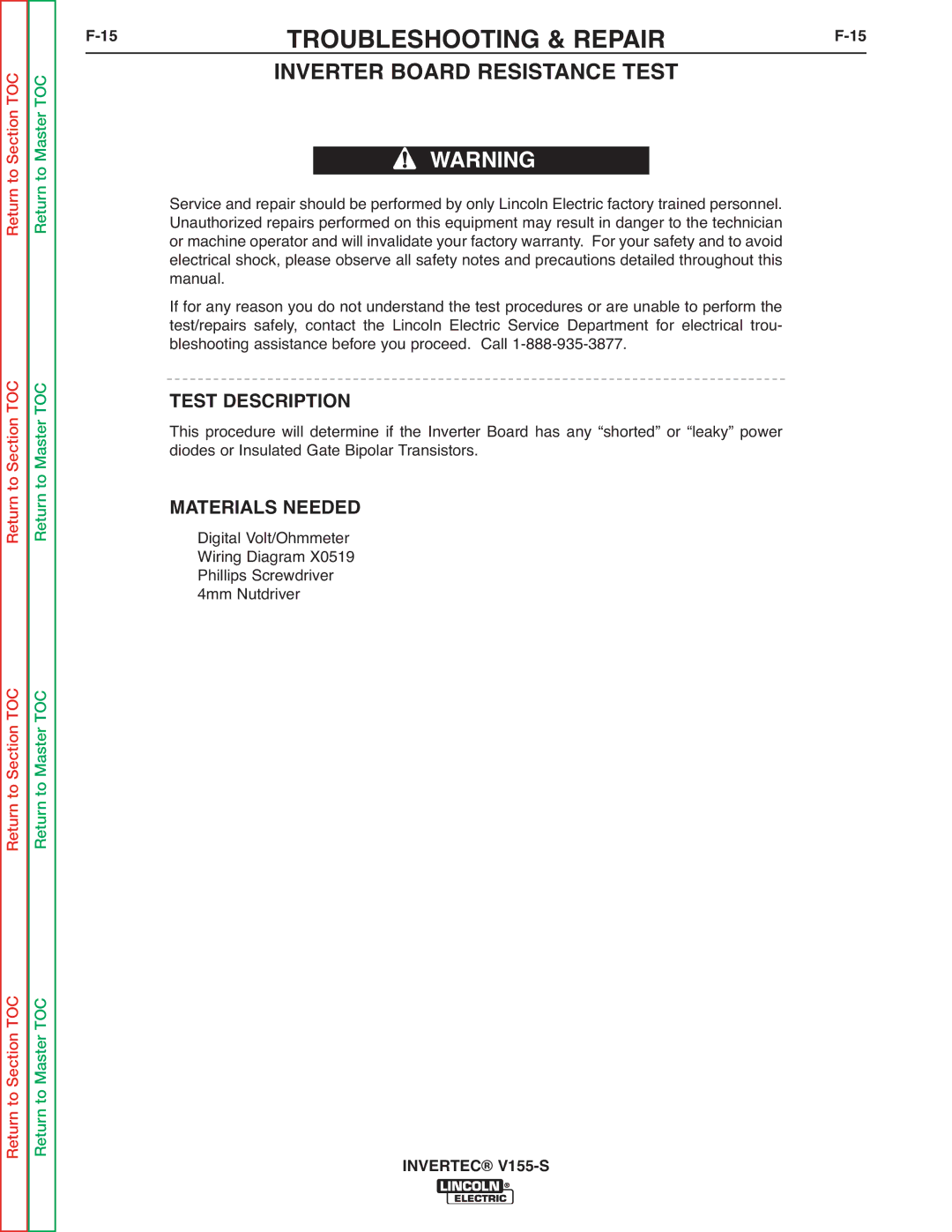 Lincoln Electric V155-S service manual 15TROUBLESHOOTING & REPAIRF-15, Inverter Board Resistance Test 