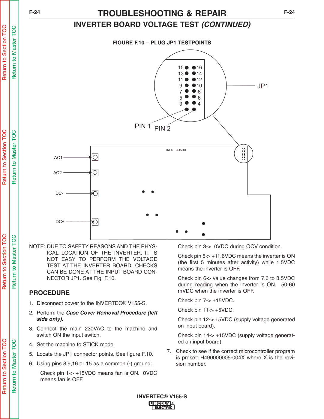 Lincoln Electric V155-S service manual Figure F.10 Plug JP1 Testpoints 