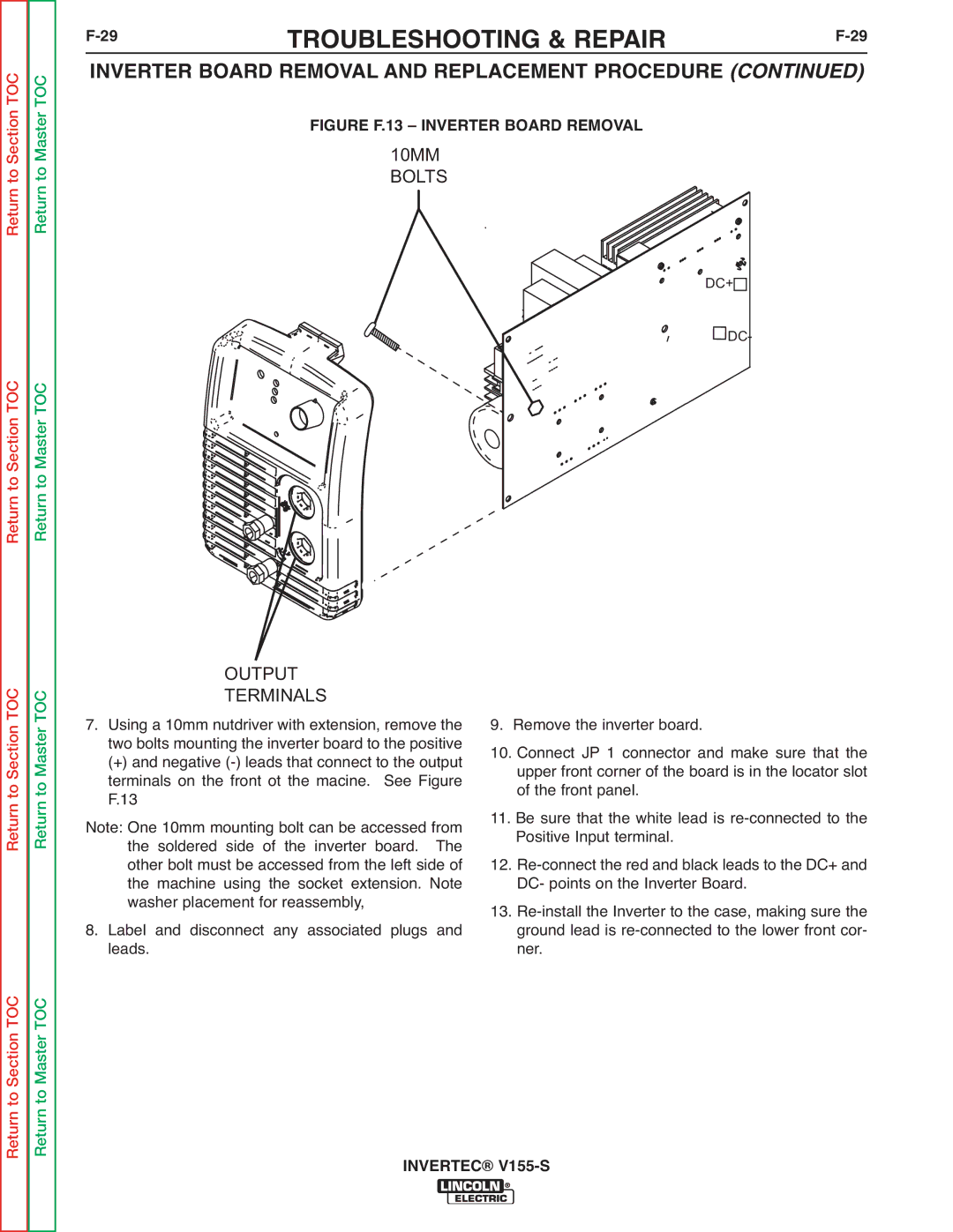 Lincoln Electric V155-S service manual 29TROUBLESHOOTING & REPAIRF-29, Figure F.13 Inverter Board Removal 