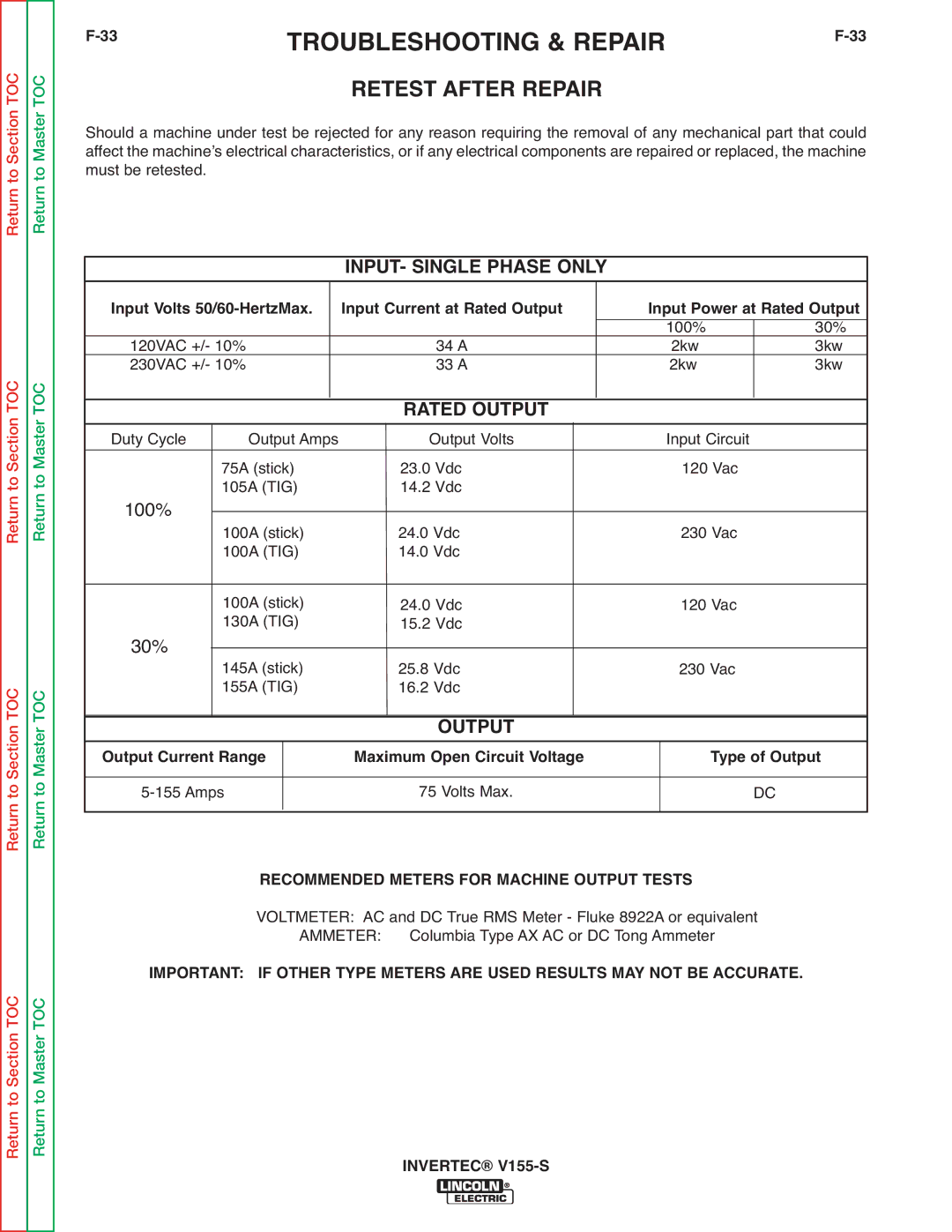 Lincoln Electric V155-S service manual INPUT- Single Phase only, Rated Output, Recommended Meters for Machine Output Tests 