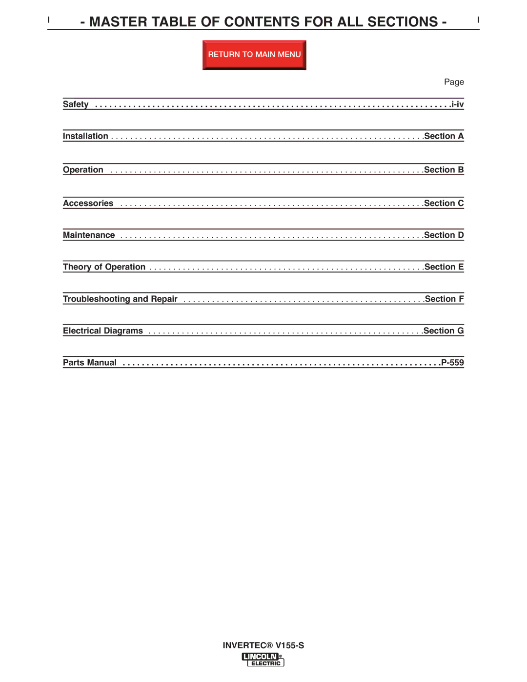 Lincoln Electric V155-S service manual Master Table of Contents for ALL Sections 