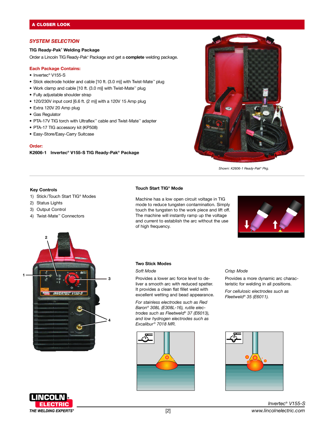 Lincoln Electric TIG Ready-PakWelding Package, K2606-1 Invertec V155-S TIG Ready-PakPackage, Key Controls 