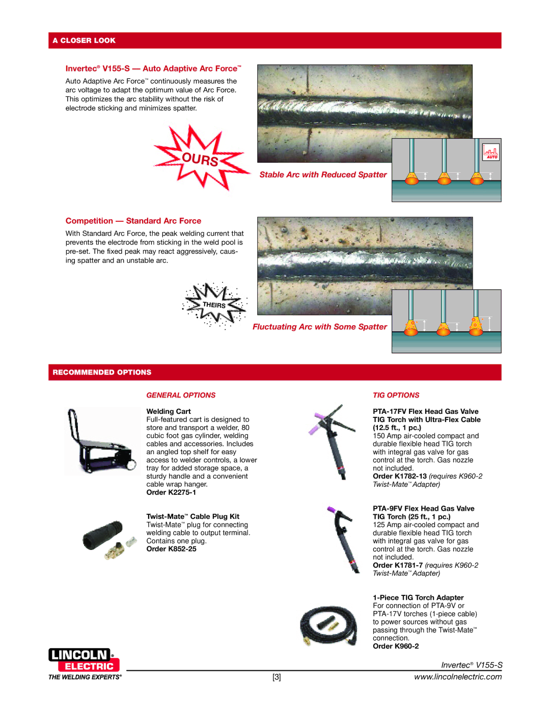 Lincoln Electric V155-S technical specifications General Options, Welding Cart, TIG Options, Order K960-2 