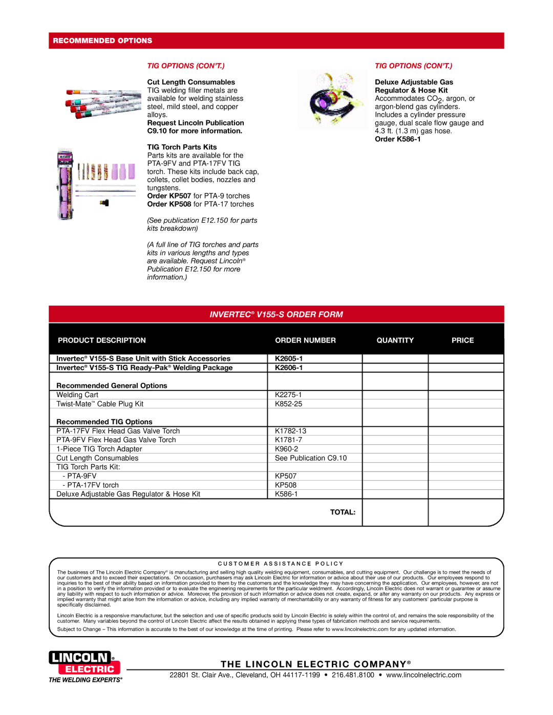 Lincoln Electric V155-S technical specifications TIG Options CON’T 