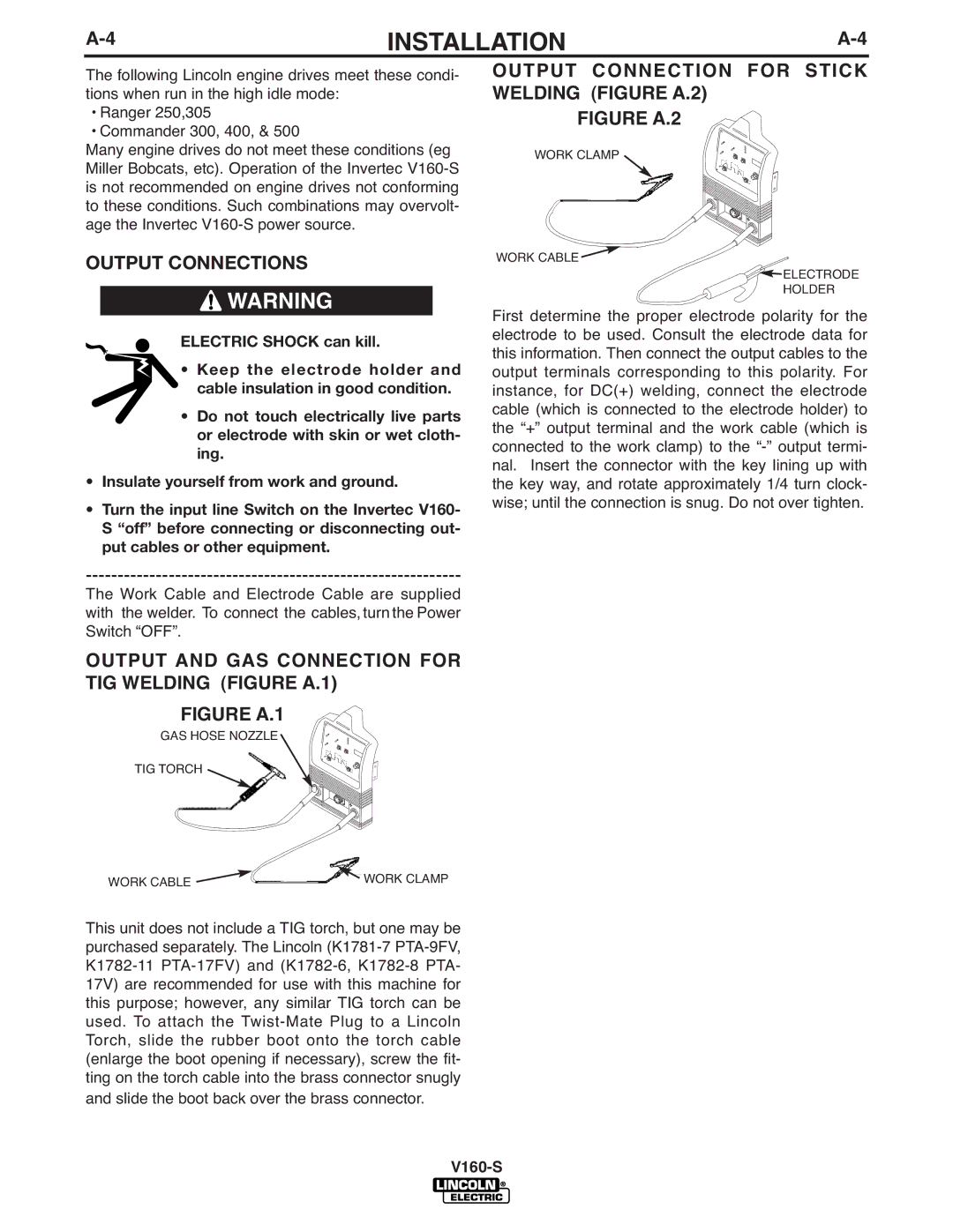 Lincoln Electric V160-S manual Output and GAS Connection for TIG Welding Figure A.1 