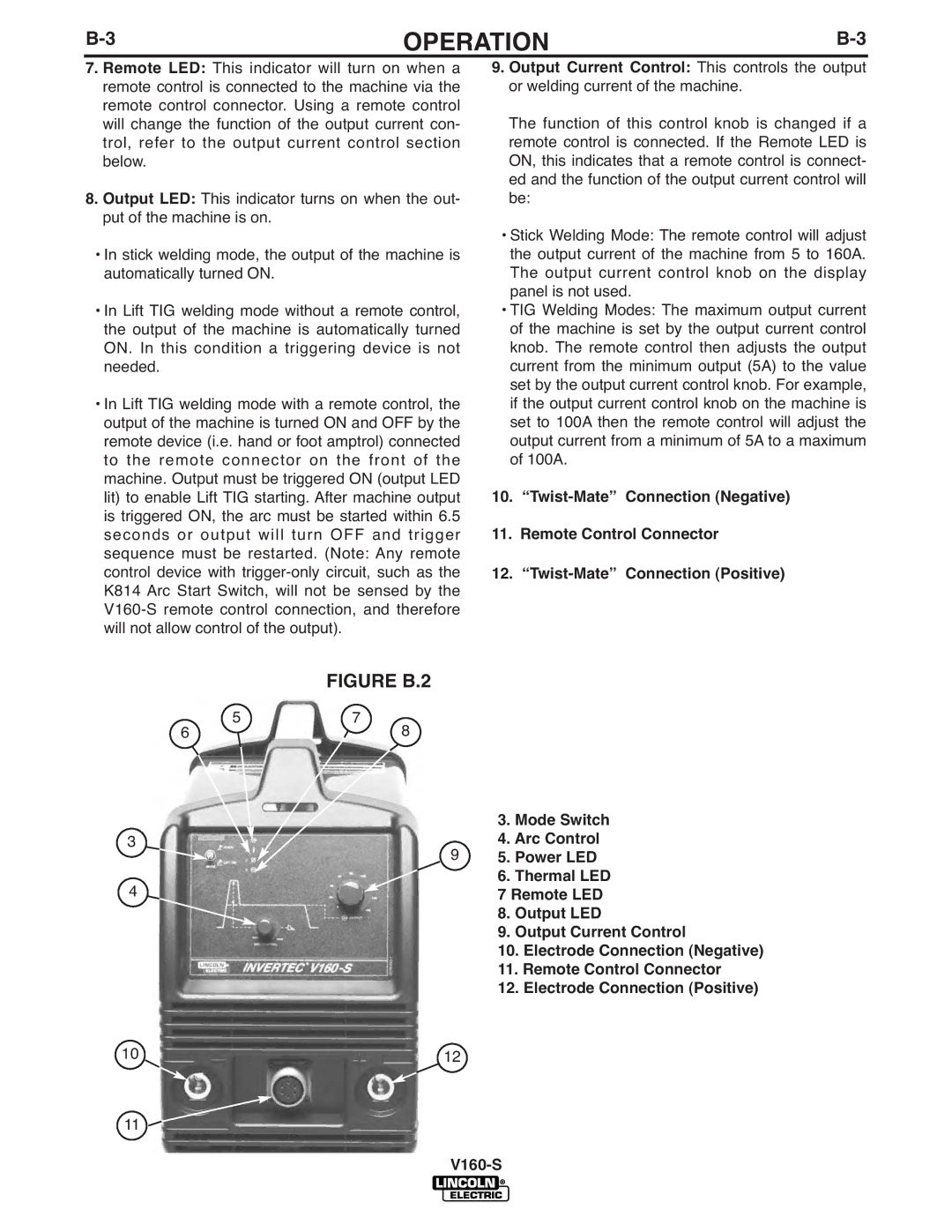 Lincoln Electric V160-S Mode Switch, Arc Control, Power LED, Thermal LED, Remote LED, Output LED, Output Current Control 