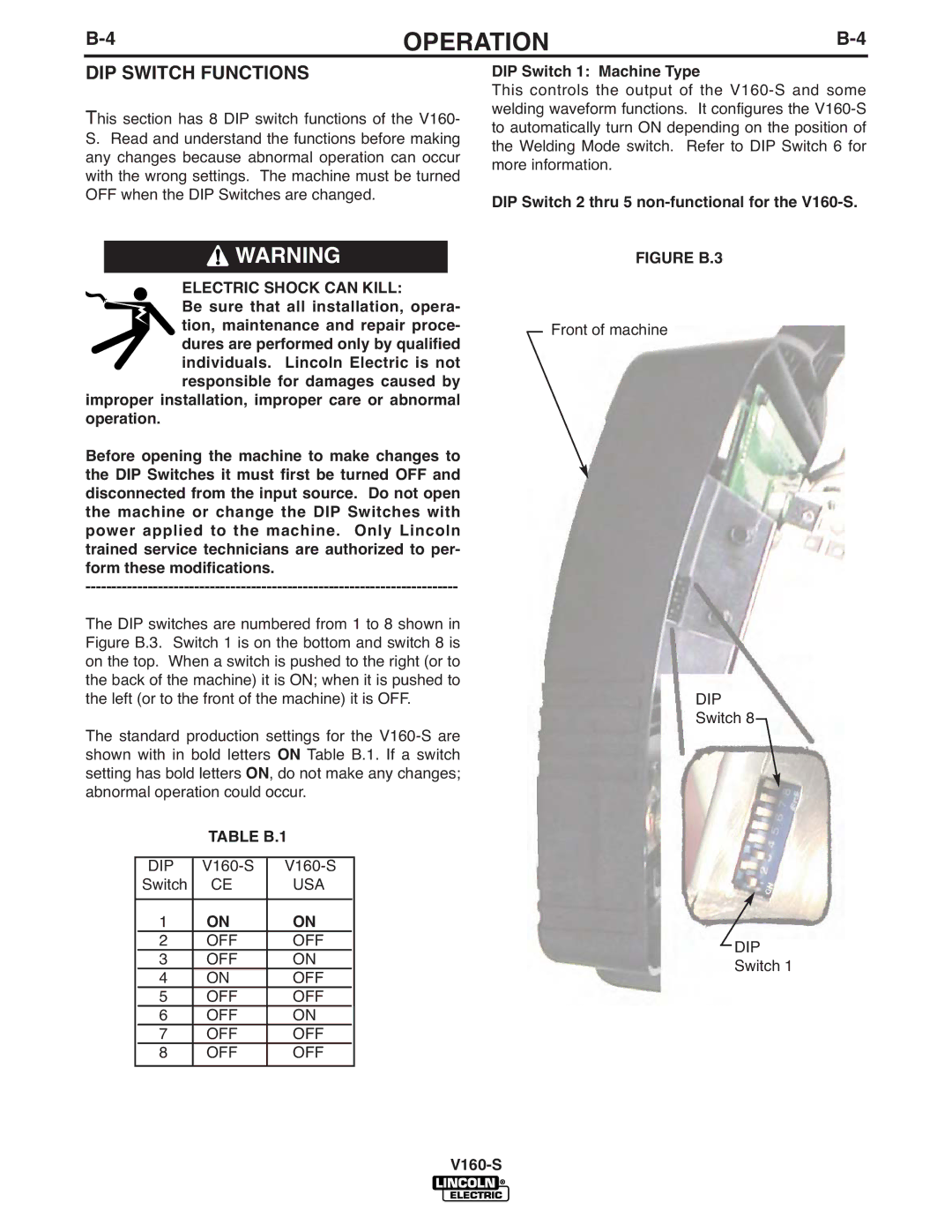 Lincoln Electric V160-S manual DIP Switch Functions, Electric Shock can Kill, Table B.1, DIP Switch 1 Machine Type 