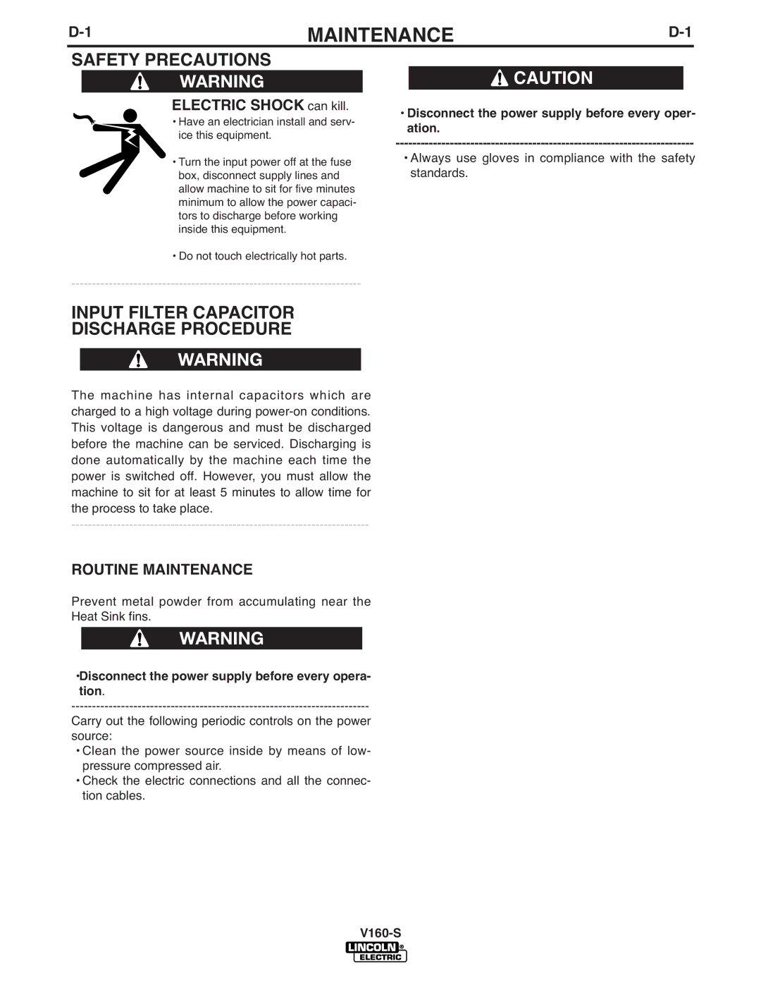 Lincoln Electric V160-S manual Safety Precautions, Input Filter Capacitor Discharge Procedure, Routine Maintenance 