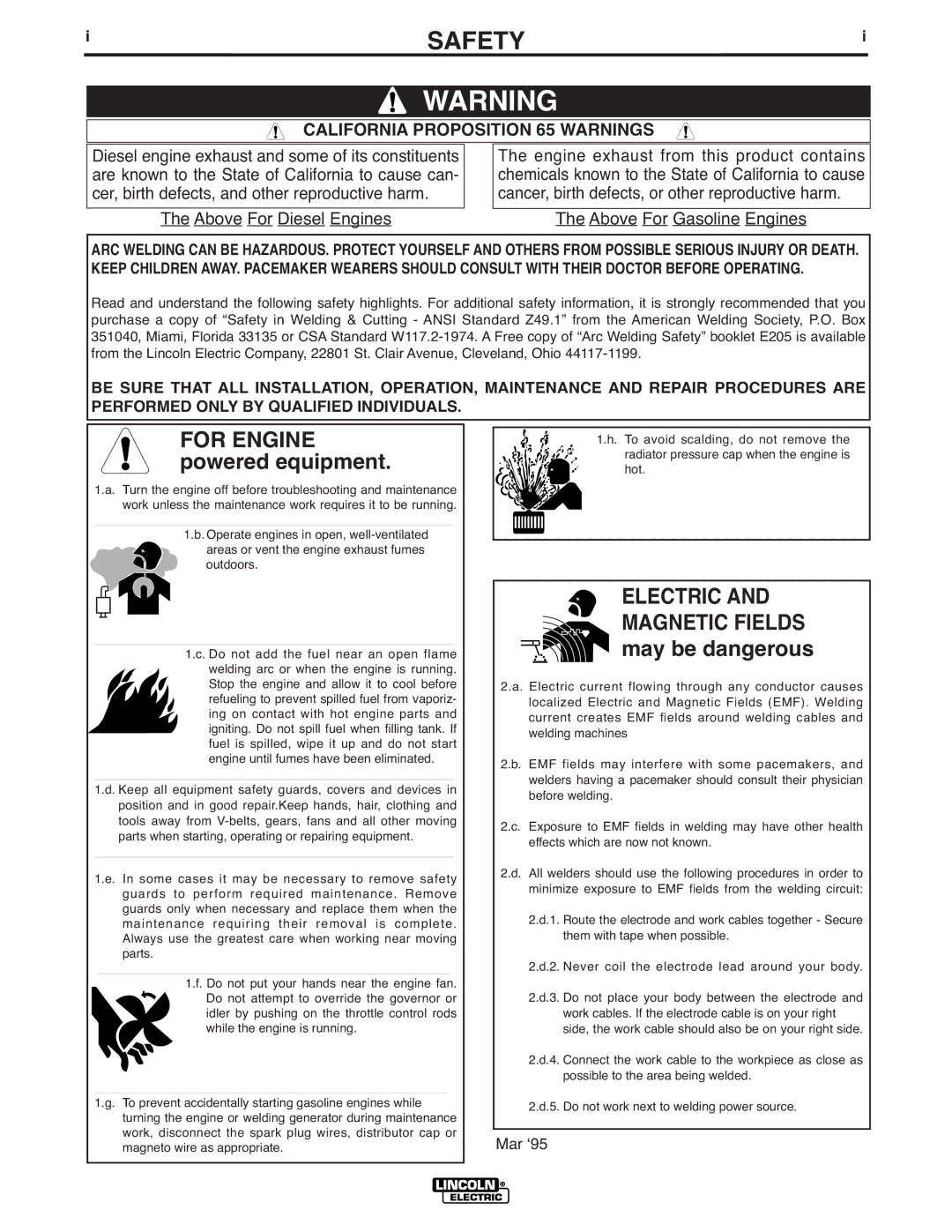 Lincoln Electric V160-S manual Safety, California Proposition 65 Warnings 