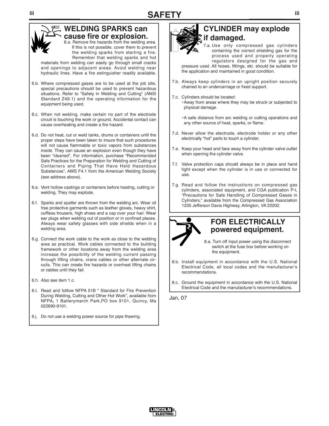 Lincoln Electric V160-S manual Welding Sparks can cause fire or explosion, Iii 