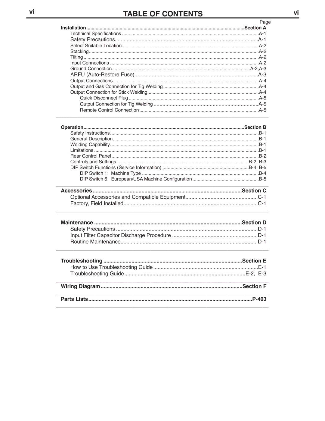 Lincoln Electric V160-S manual Table of Contents 