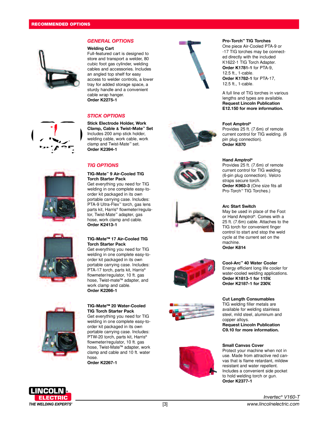 Lincoln Electric V160-T warranty Recommended Options 