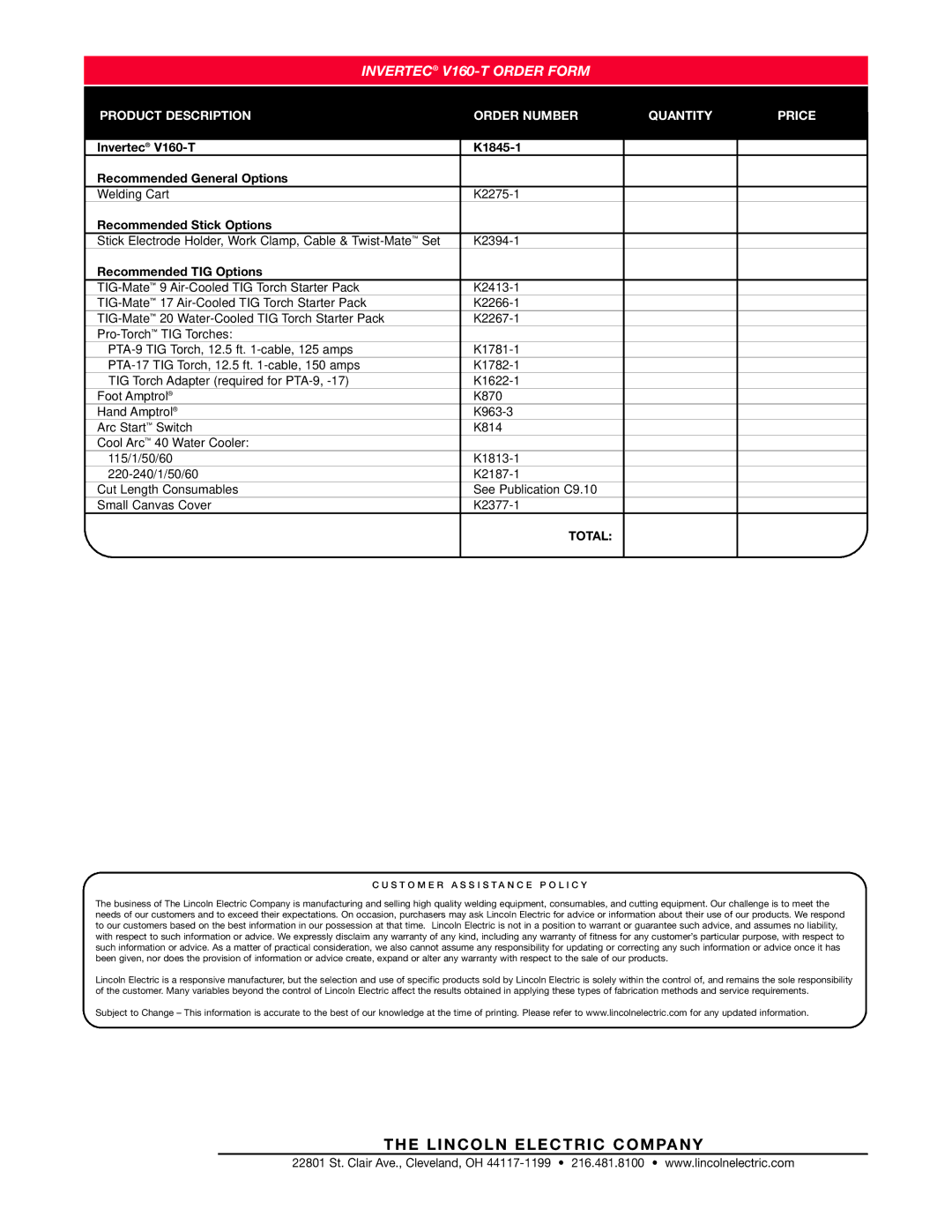 Lincoln Electric Product Description Order Number Quantity Price, Invertec V160-T K1845-1, Recommended Stick Options 