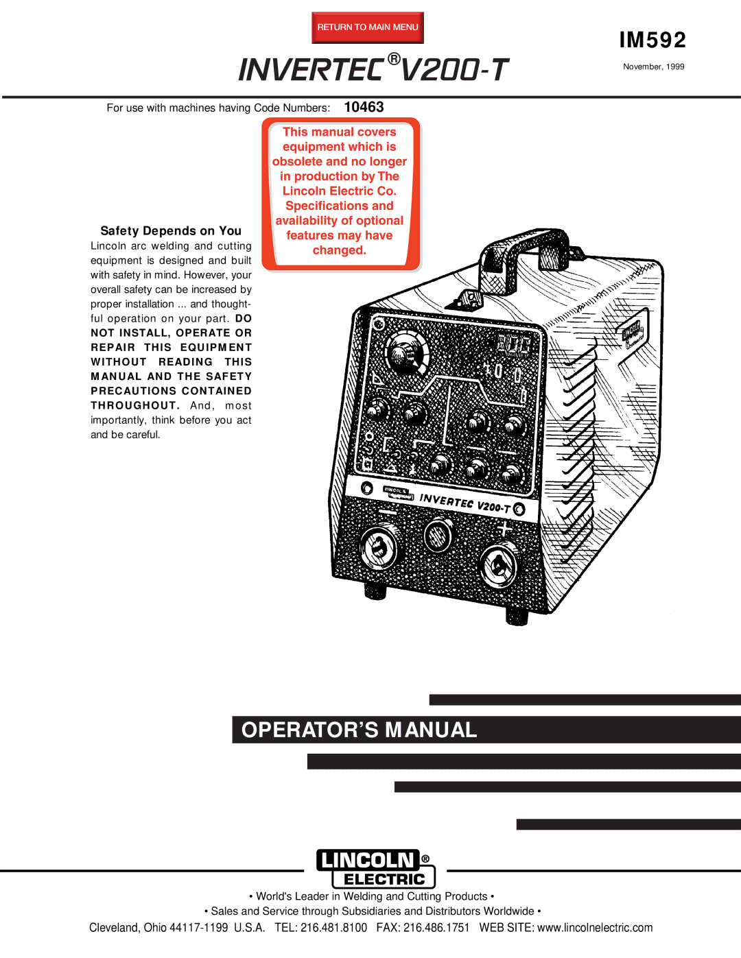 Lincoln Electric V200-T manual Invertec, Safety Depends on You 