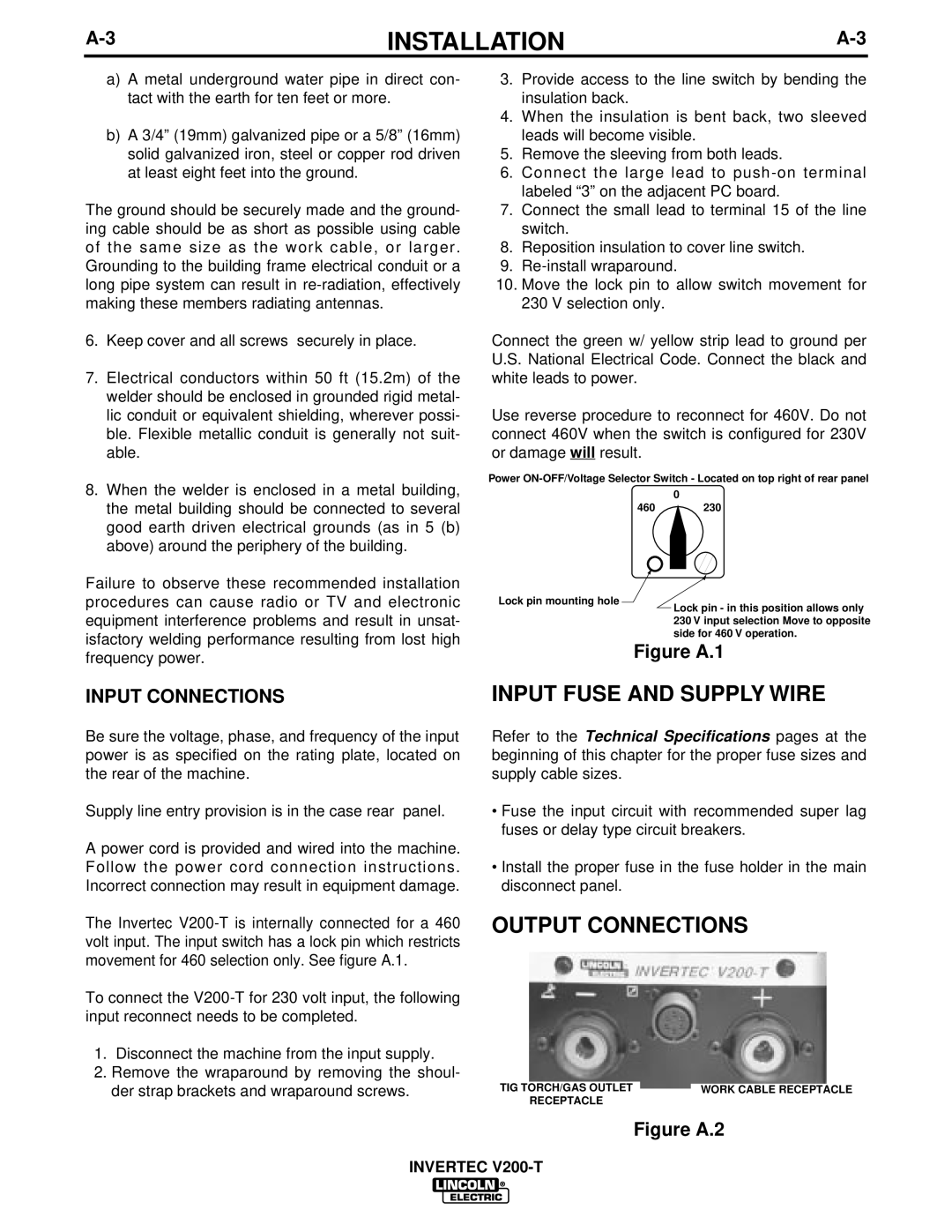 Lincoln Electric V200-T manual Input Fuse and Supply Wire, Output Connections, Input Connections 