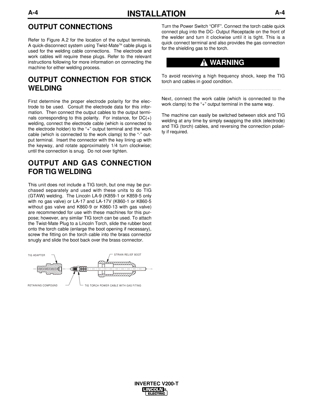 Lincoln Electric V200-T manual Output Connection for Stick Welding, Output and GAS Connection for TIG Welding 