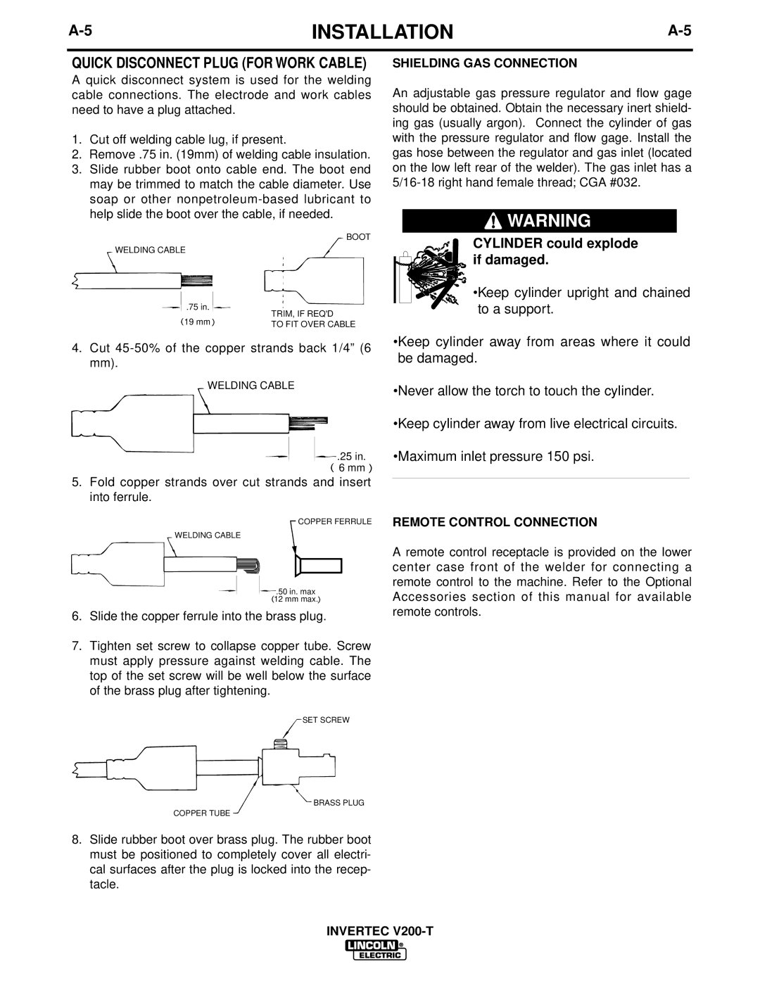 Lincoln Electric V200-T manual Cylinder could explode if damaged 