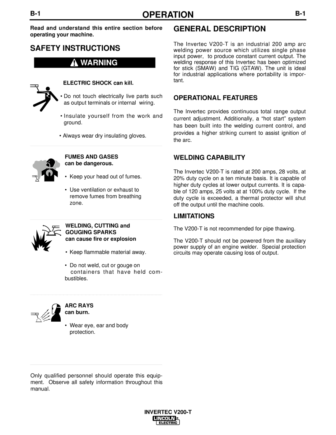 Lincoln Electric V200-T manual Operation, Safety Instructions, General Description 