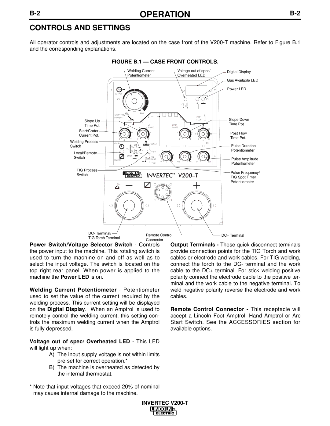 Lincoln Electric V200-T manual Controls and Settings, Figure B.1 Case Front Controls 