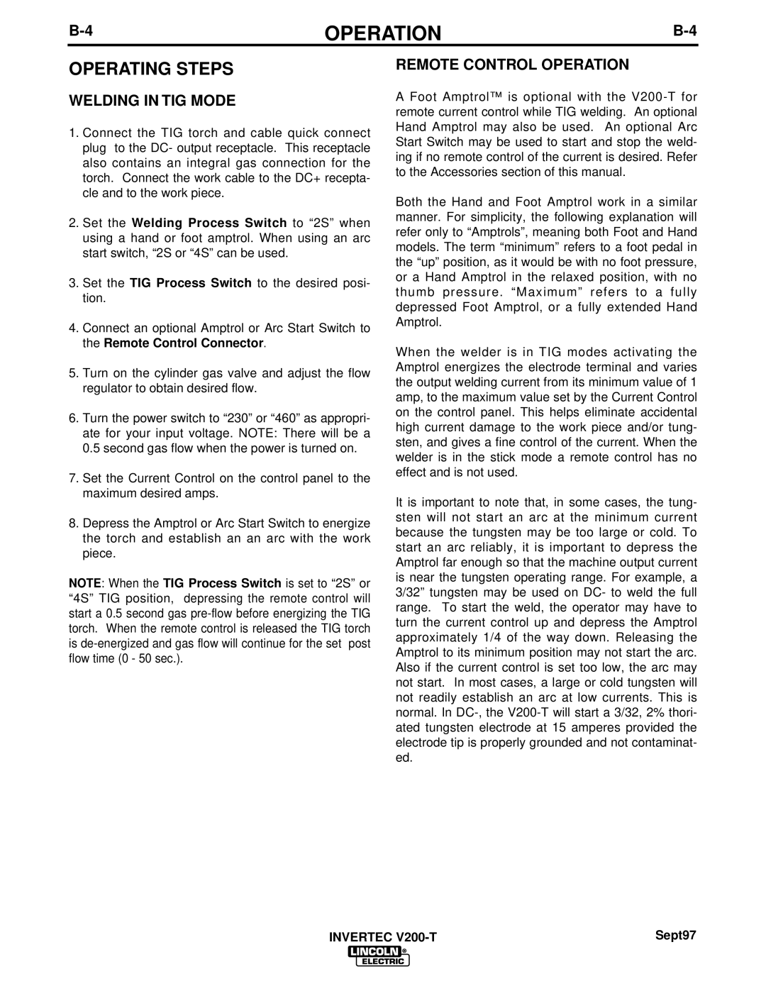 Lincoln Electric V200-T manual Operating Steps, Welding in TIG Mode, Remote Control Operation, Sept97 