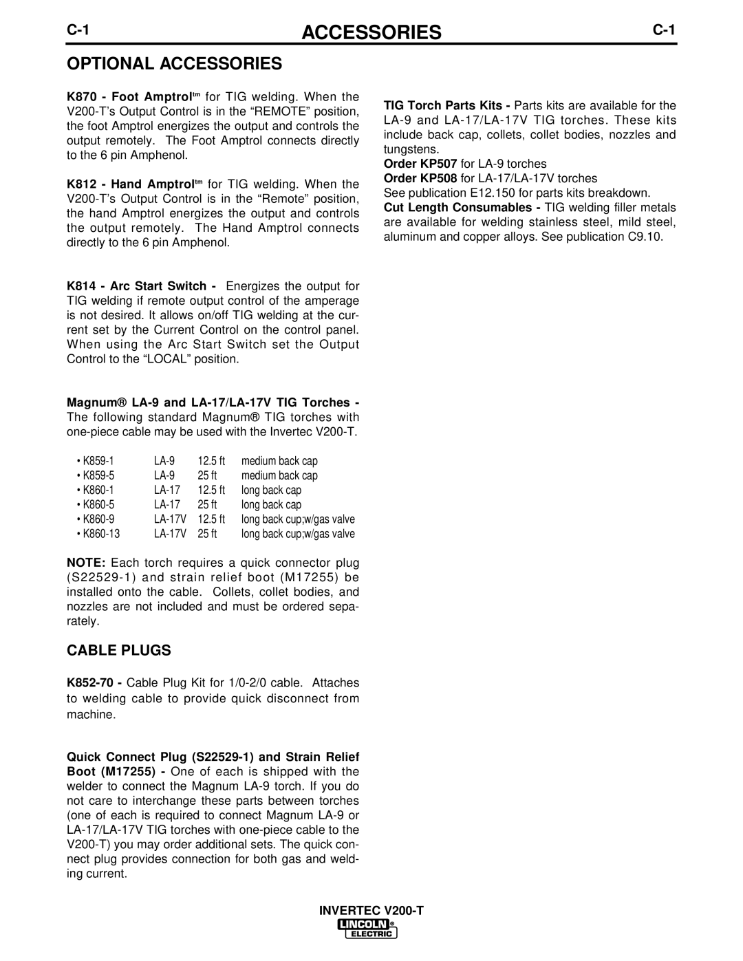 Lincoln Electric V200-T manual Optional Accessories, Cable Plugs 