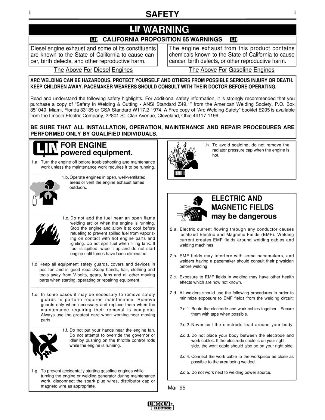 Lincoln Electric V200-T manual Safety, California Proposition 65 Warnings 