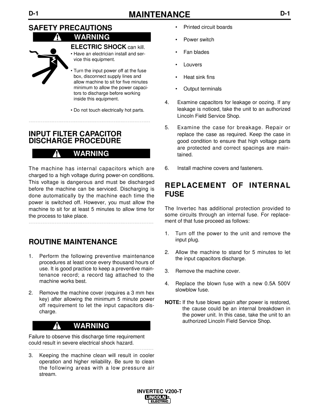 Lincoln Electric V200-T manual Safety Precautions, Input Filter Capacitor Discharge Procedure, Routine Maintenance 