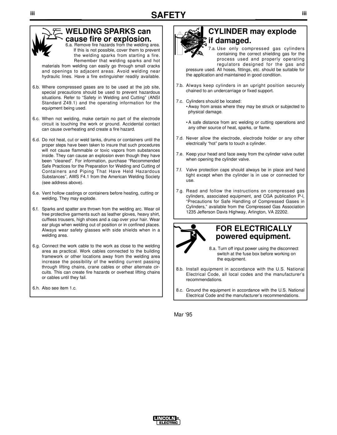 Lincoln Electric V200-T manual Welding Sparks can cause fire or explosion, Iii 