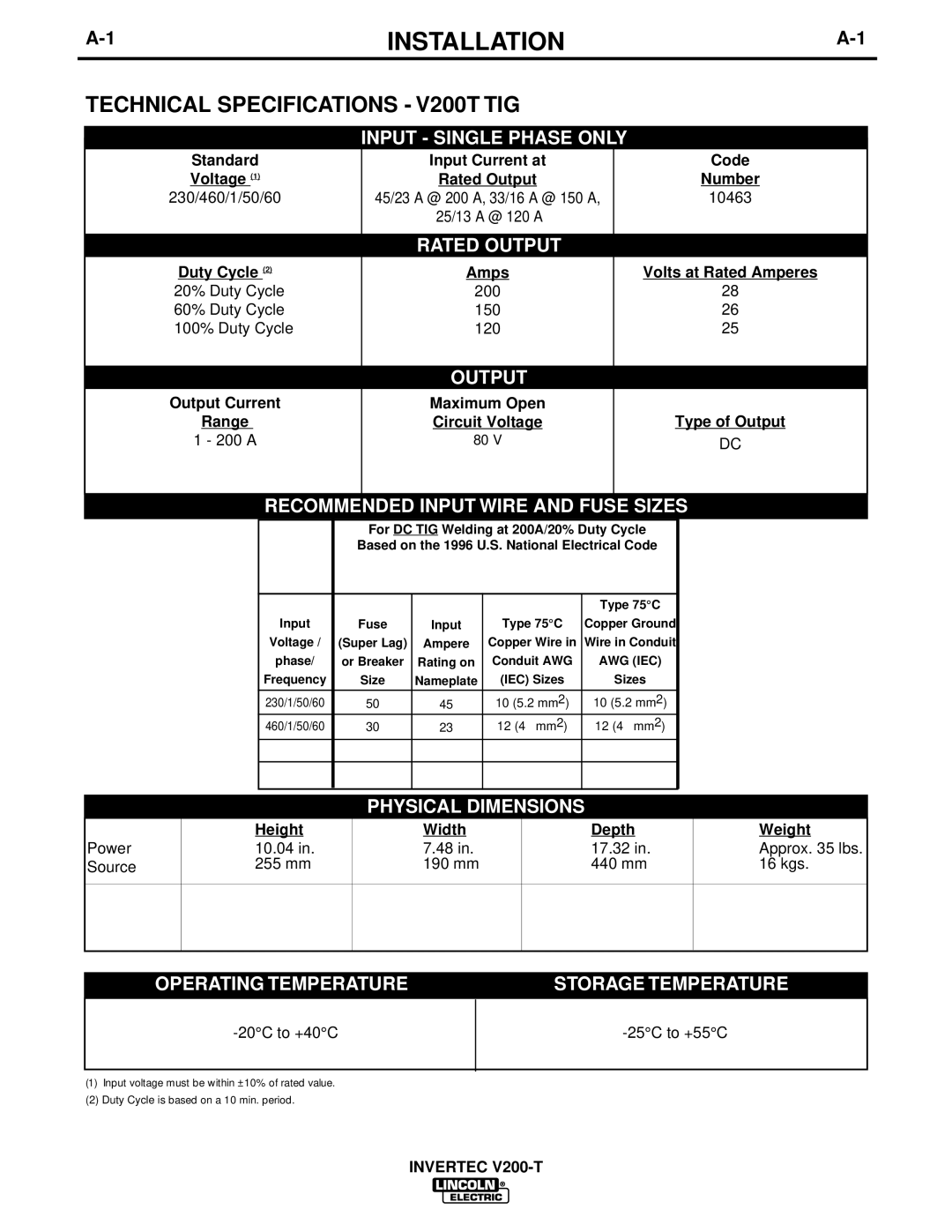 Lincoln Electric V200-T manual Installation, Technical Specifications V200T TIG 