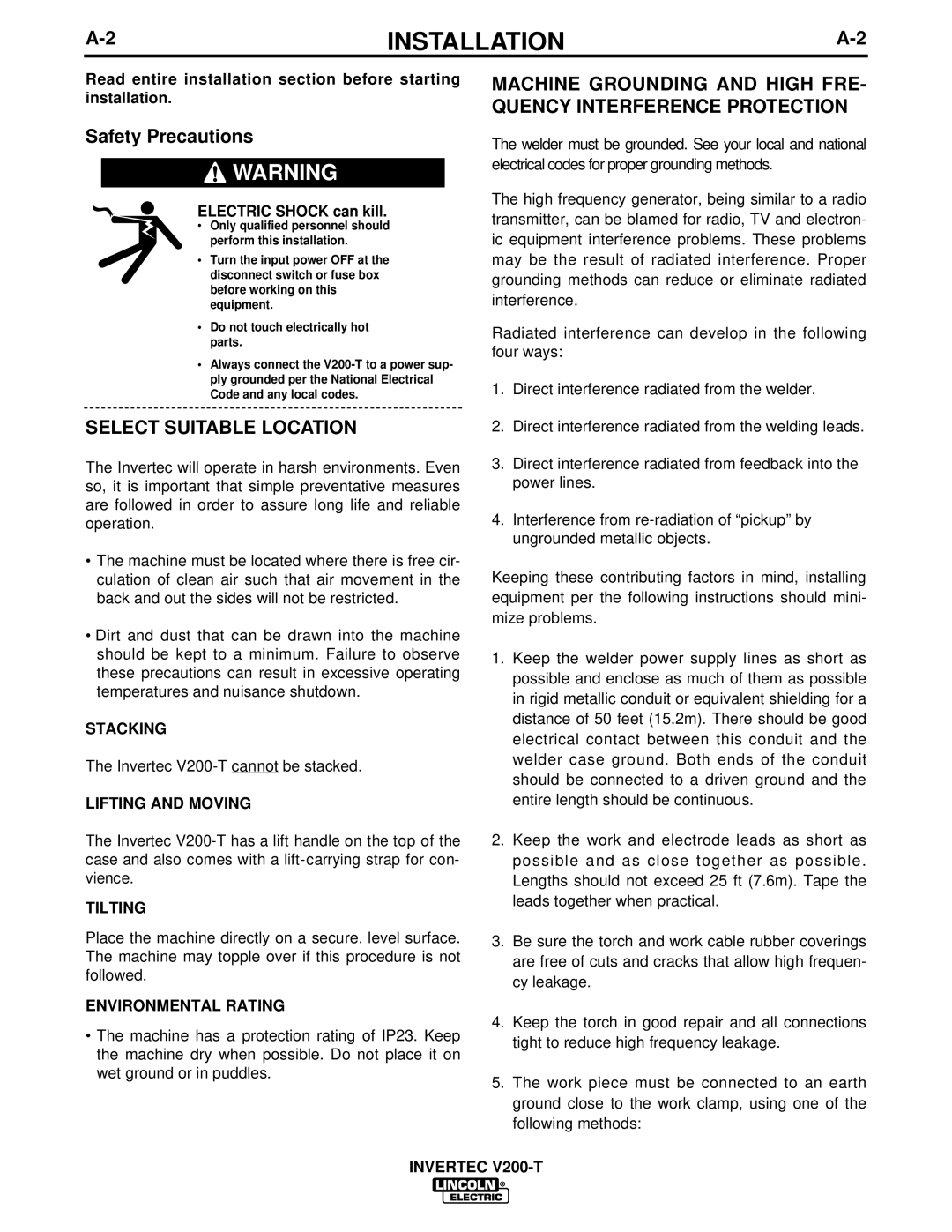 Lincoln Electric V200-T manual Select Suitable Location, Electric Shock can kill 