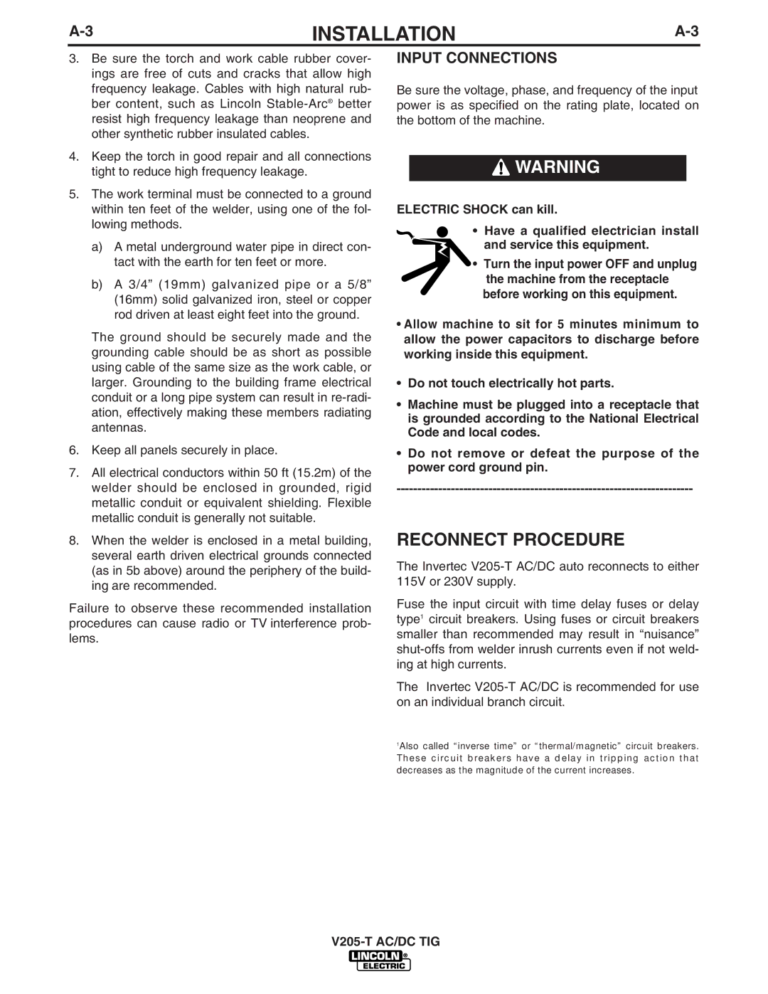 Lincoln Electric V205-T AC/DC TIG manual Reconnect Procedure, Input Connections 