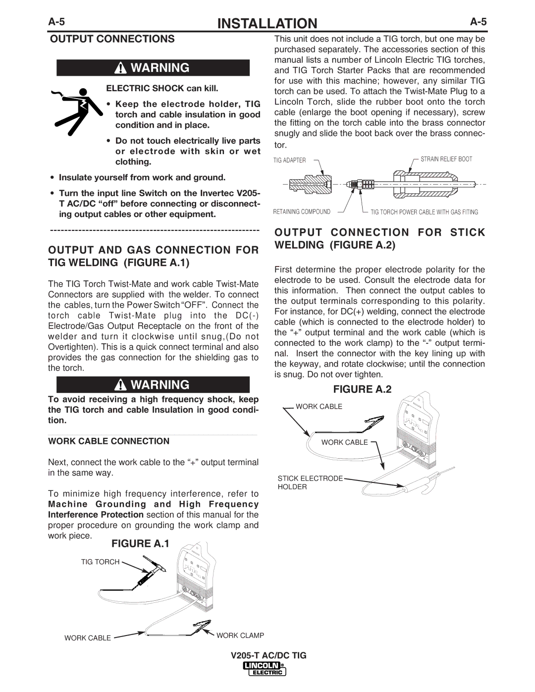 Lincoln Electric V205-T AC/DC TIG manual Output and GAS Connection for TIG Welding Figure A.1, Work Cable Connection 